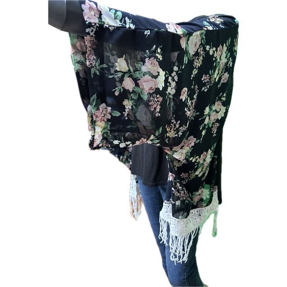Cher Heart of Stone Graphic Top Kimono Sleeve Floral Fringe Upcycled Custom - Picture 4 of 5